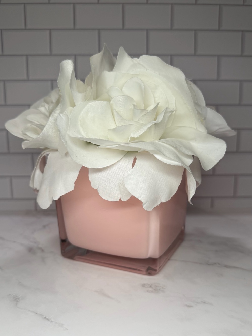 Decorative White Silk Rose Arrangement in Pink Glass Cube Vase Shabby Chic